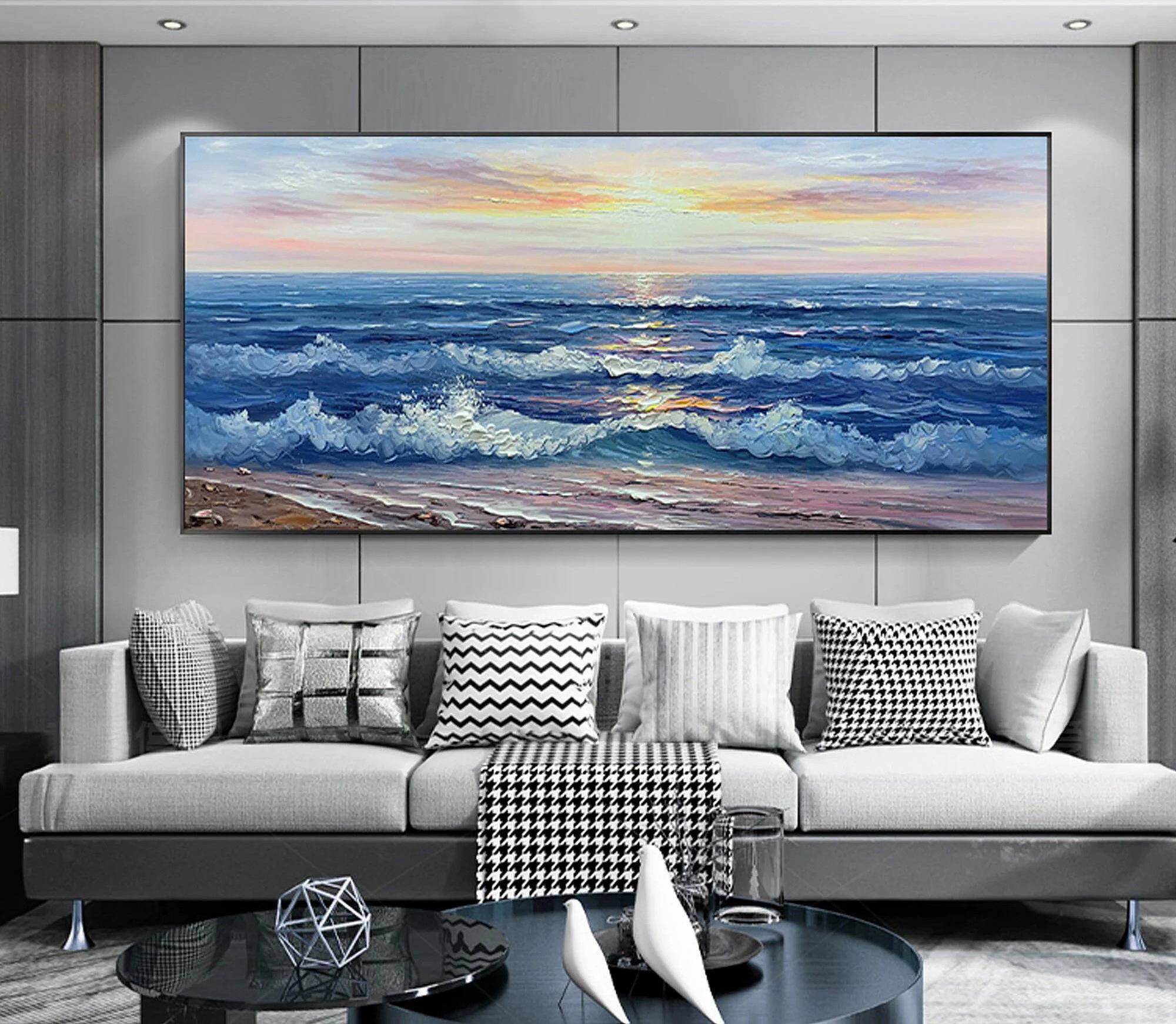 Sunlight Seascape blue waves by Palette Knife beach art wall decor seashore Oil Paintings